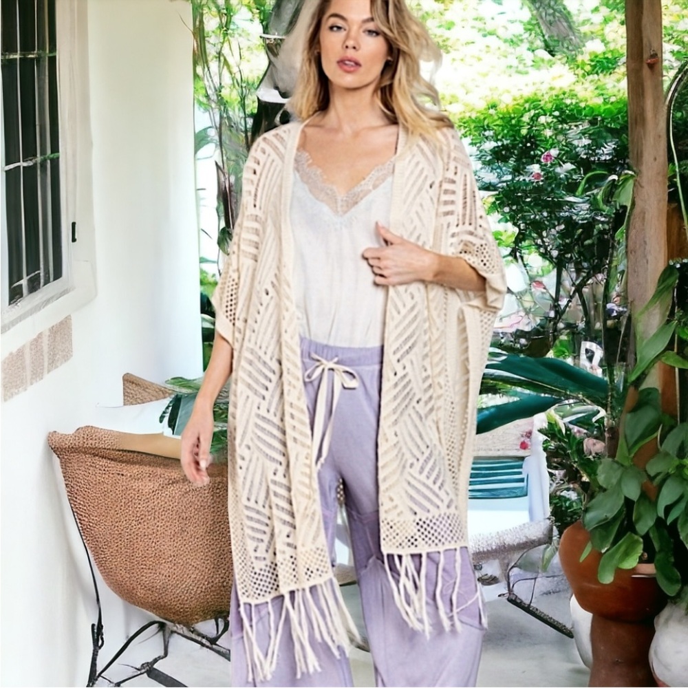 0934. POL Elegant Open Crochet Knit Kimono Cardigan